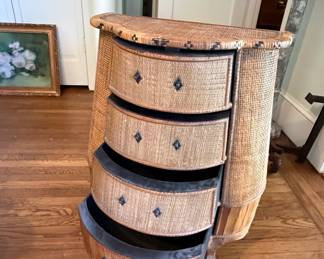 French Provincial Style Woven Rattan and Wood Bombe Chest L W H second image