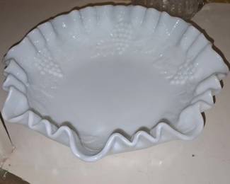 Fenton Milk Glass Grape Pattern Ruffled Bowl