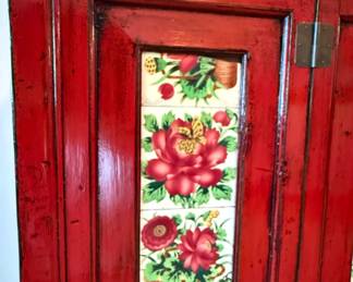 Chinese Red Lacquer Cabinet with Floral Ceramic Insets L W H second image