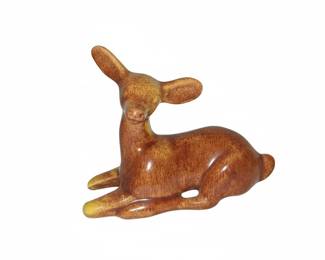 Vintage Ceramic Fawn Figurine and Native American Style Beaded Leather Bag