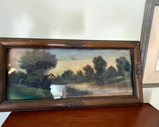 Antique Landscape Pastel Painting in Ornate Wood Frame