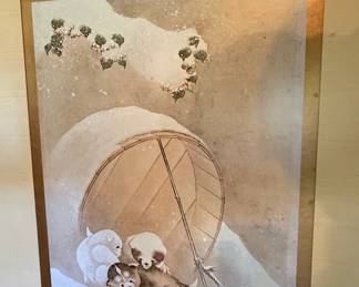 Japanese Art Print Puppies in the Snow second image