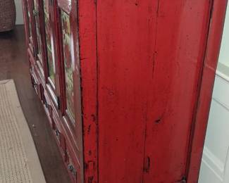 Chinese Red Lacquer Cabinet with Floral Ceramic Insets L W H third image