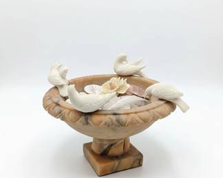 Alabaster Bird Bath Decorative Bowl with Carved Doves