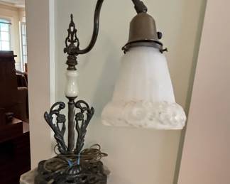 Art Nouveau Style Figural Desk Lamp with Milk Glass Shade