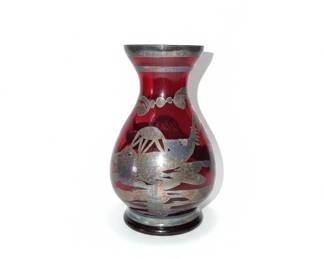 Victorian Cranberry Glass Vase with Sterling Silver Overlay