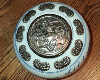 Blue and White Ceramic Ginger Jar with Metal Fittings second image