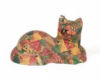 Vintage Folk Art Patchwork Decoupage Cat Figurine