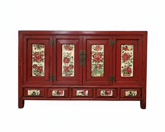 Chinese Red Lacquer Cabinet with Floral Ceramic Insets L W H