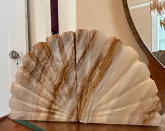 Vintage Carved Onyx Scalloped Shell Bookends