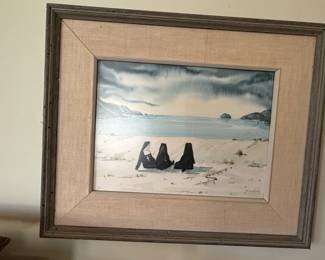 Hildegard Peets Watercolor Painting of Three Nuns on a Beach
