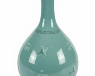Korean Celadon Porcelain Vase with Crane Motif