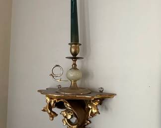 Vintage Rococo Style Gilt Wall Bracket with Brass and Onyx Chamberstick