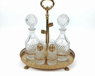 Vintage Piece Cut Glass Cruet Set on Brass Stand