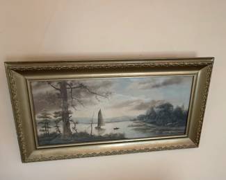 Vintage Landscape Oil Painting with Sailboat second image