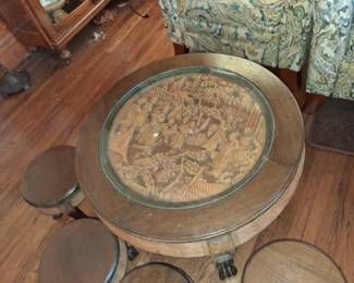 Vintage Chinese Carved Wood Nesting Stool Table Set