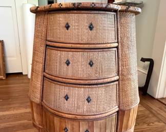 French Provincial Style Woven Rattan and Wood Bombe Chest L W H