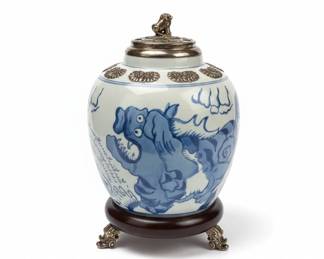 Blue and White Ceramic Ginger Jar with Metal Fittings