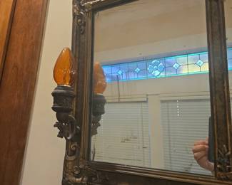 Vintage ThreePanel Gesso Buffet Mantel Mirror with Integrated Sconces x fourth image