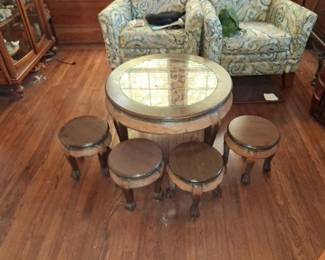 Vintage Chinese Carved Wood Nesting Stool Table Set fourth image