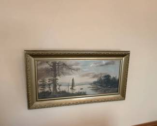 Vintage Landscape Oil Painting with Sailboat