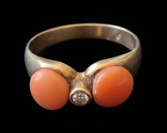 MidCentury k Gold, Coral, and Diamond Ring