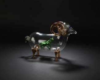 MidCentury Italian Glass Ram Figurine with Internal Animal