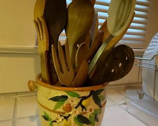Vintage Ceramic Utensil Crock with Wooden Kitchen Tool Set