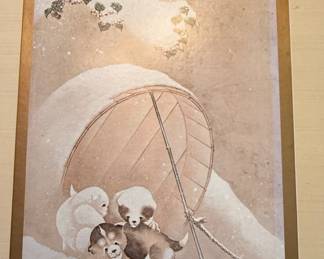 Japanese Art Print Puppies in the Snow