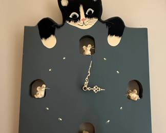 Vintage Folk Art Cat and Mice Wall Clock