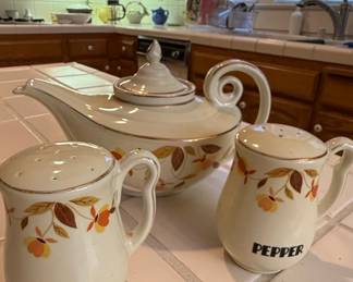 Hall China Jewel Tea Autumn Leaf Teapot and Range Salt  Pepper Shakers
