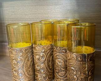 Vintage Amber Glass Highball Tumblers with Tooled Leather Sleeves