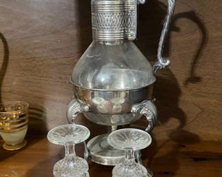 Vintage Silver Plated Coffee Carafe with Warming Stand and Glasses