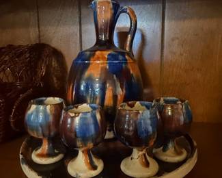 Vintage Mexican Drip Glaze Pottery Decanter and Goblet Set