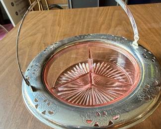 Vintage Farberware Pink Depression Glass Divided Relish Dish