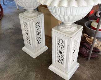 PAIR OF FLOWER POTS ON STANDS, METAL & 2 PIECES
