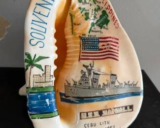Large hand painted souvenir sea shell. Navy. USS Marshall ship.