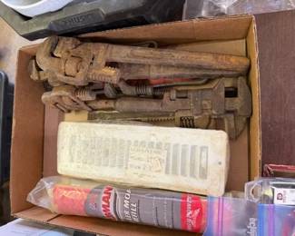 Antique tools. Pipe wrenches. Monkey wrenches.