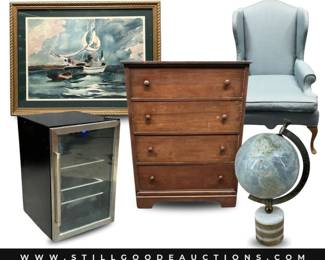 ococo furniture, bookcases, cedar chest, pocket knife, Fostoria, chandeliers, books, handbags, Brighton, antique books, painted china, vinyl record albums, lamps, garage storage, mirrors, tools, Waterford, Hookah, Barbie, yarn, depression glass, silverplate, and more!