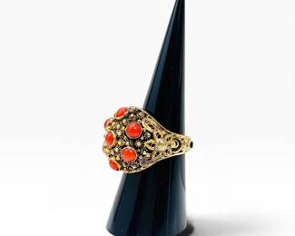 Antique Chinese Export Sterling Filigree Pink Coral Cab Ring
