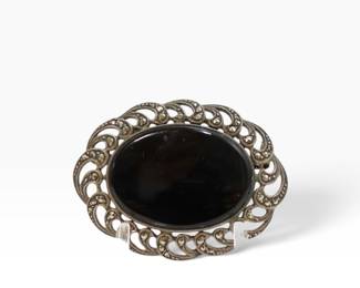 Vintage Sterling Onyx Marcasite Brooch