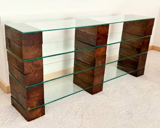 Brutalist Style Glass Shelf Console Table - Moveable Wood Block Supports