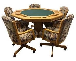 Octagonal oak poker and game table set with green felt top and built-in cup holders, paired with five matching wheeled armchairs in patterned upholstery. Dimensions: 55" diameter x 30" H