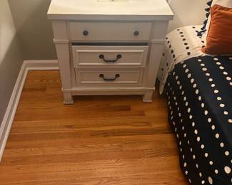Crate and barrell White end table and white headboard and mattress