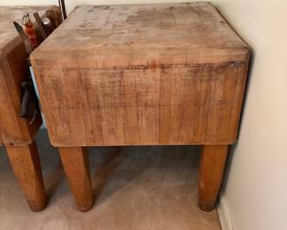 H28 - $1,500 PAIR of Butcher Block Tables from "Bally Block Tables". Each Measures 30" x 30" x 33.5"T. Very heavy, bring help to move.