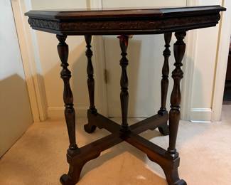 H40 - $60. 1929 Octagon side table by Sheets Manufacturing Co from Wapakoneta, Ohio. Measures 30" x 29.5"T.