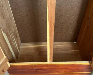 H65 - $95. Cedar Armoire/Wardrobe with Hanging Bar. Measures 36" x 22" x 70.25"T. Very good condition.