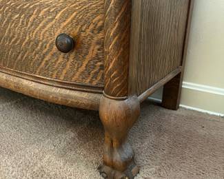 H16 - $125. Antique Tiger Oak Highboy Dresser. Measures 36" x 20" x 54.5"T. Overall good condition, top has some splitting as shown in photo.