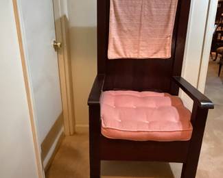 H33 - $450. Pair of Alter chairs with removable cushions. These are from Oak Ridge Baptist Church in Kittrell, NC. Each Measures 26.75" x 25"x 52"T, floor to seat 20"T. They were in the church is 1963 for a family wedding and purchased after for the personal home.