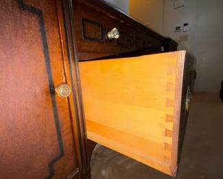 H36 - $75. Buffet by Limberts Arts and Crafts Furniture from Grand Rapids and Holland MI. Measures 71.75" x 22" x 40"T. Wood dowels on bottom need to be reglued as shown in photo.